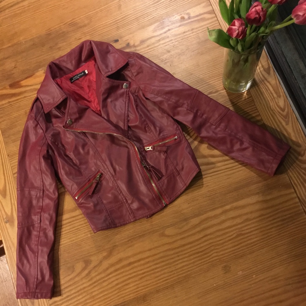 Red Faux leather short bomber jacket